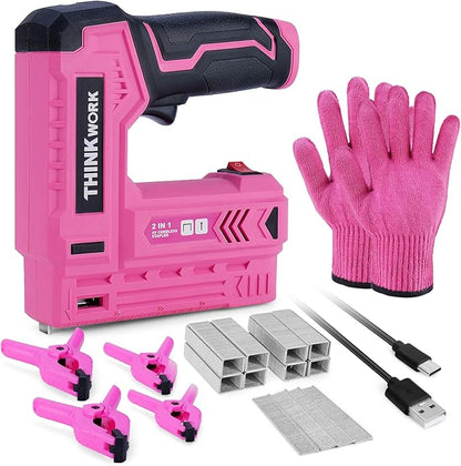 THINKWORK Pink Electric Staple Gun - 2 in 1 Nail Gun Battery Powered with 1000Pcs Staples and Nails, 4V Cordless Upholstery Staple Gun for Wood, Brad Nailer with USB Charger for Carpentry, Crafts, DIY