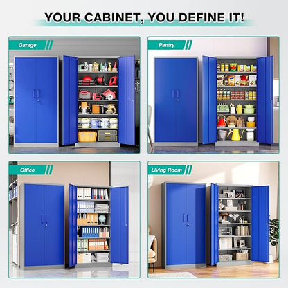 Metal Cabinet with 5 Adjustable Shelves,6 Tier Garage Storage Cabinet with Lock,Gray Blue Metal Storage Cabinet with Locking Doors,Steel Cabinets,71" Lockable Storage Cabinets for Home,Office,Garage