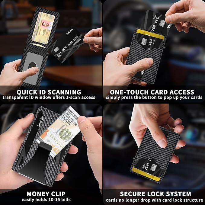 Wallet for Men Slim RFID Blocking -Metal Smart Pop-Up Credit Card Holder with 2 ID Windows, Holds 8-10 Cards,Bifold Minimalist Front Pocket Wallet & Money Clip,Men's accessories(Carbon)