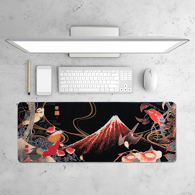 BELLEMOND Japanese Art Desk Mat | Large 31.5x11.8in Desk Pad | Mouse Pad for Keyboard & Mouse | Non-Slip Base, Water-Repellent, Smooth Precision | Crimson Wings Over Fuji