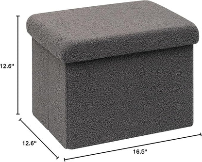 PINPLUS Storage Ottoman Cube Sherpa Ottoman Foot Rest,Small Foldable Portable Boucle Ottomans, Faux Teddy Fur, Grey 16.5"x12.6"x12.6"