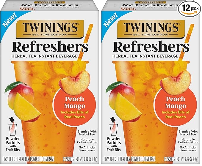 NEW Twinings Peach Mango Refreshers, Herbal Tea Instant Beverage with Real Peach Fruit Bits, 5 Count (Pack of 2), Café Style, No Artificial Sweeteners, Naturally Caffeine-Free Refreshment, 5 Packets