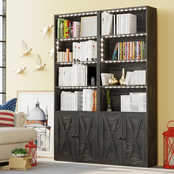 IRONCK Tall Bookcase with LED Lights, 70 in Industrial Bookshelves and Bookcases with Doors, 6 Shelf Display Storage Shelves Floor Standing for Home Office, Living Room, Bedroom