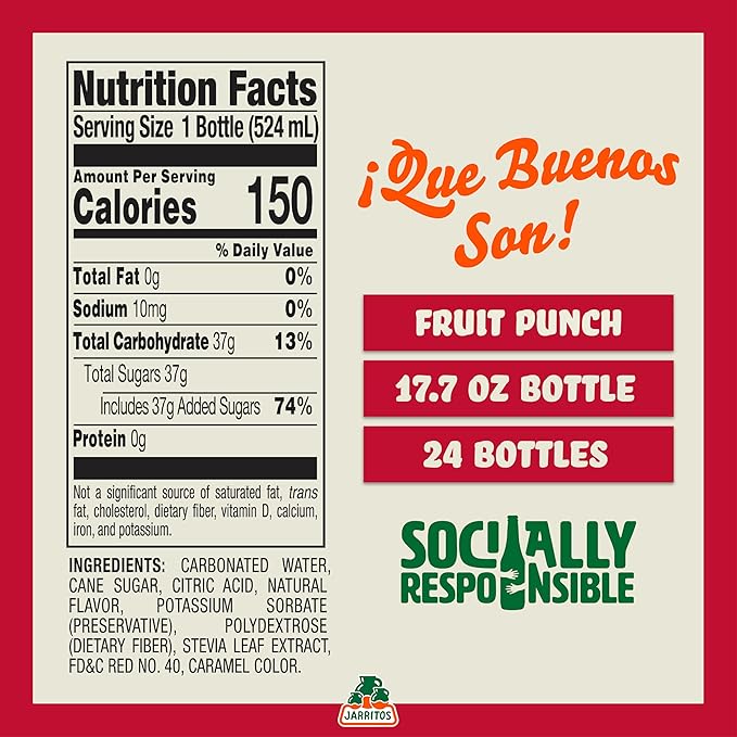 Jarritos - Mexican Soda Soft Drinks, Fruit Punch (17.7 oz, 524ml) 24 Bottles - Made with Real Cane Sugar - 0g Fat - Made in Mexico - Natural Flavor Soda Pop - Party & BBQ Beverages