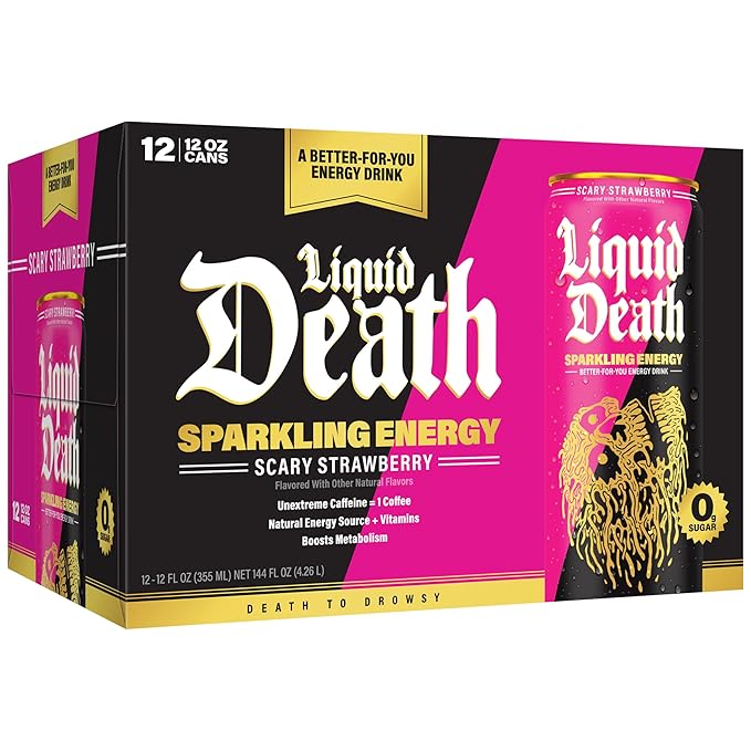 Liquid Death Scary Strawberry, Strawberry and Lemon-Flavored Sparkling Energy, Sugar-Free Energy Drink, 100mg Caffeine, 12 Fl Oz (Pack of 12)