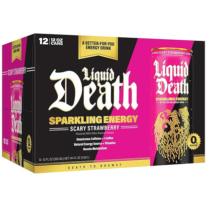 Liquid Death Scary Strawberry, Strawberry and Lemon-Flavored Sparkling Energy, Sugar-Free Energy Drink, 100mg Caffeine, 12 Fl Oz (Pack of 12)
