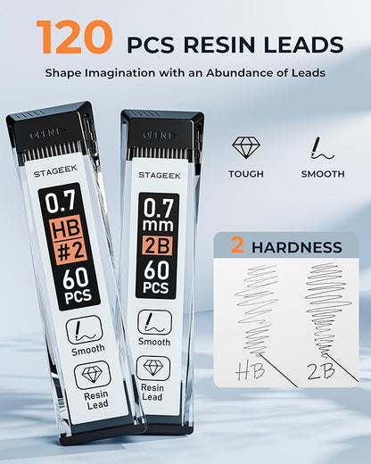 Mechanical Pencils 0.7mm with Case, Metal Weatherproof Body Outdoor Artist Mechanical Pencil with 120 PCS HB & 2B Lead Refills, Eraser, for Writing Drafting Drawing and Sketching