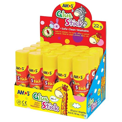 AMOS Glue Sticks — 22 g (0.78 oz), 20 Sticks in Display Box, Kid’s Design for Classroom, Home & Crafts — Washable, Non-Toxic, Acid-Free