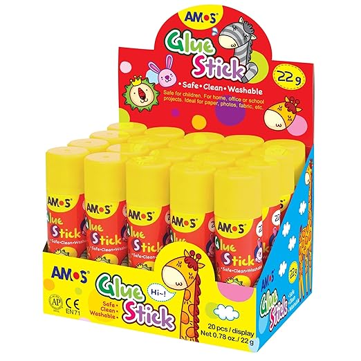 AMOS Glue Sticks — 22 g (0.78 oz), 20 Sticks in Display Box, Kid’s Design for Classroom, Home & Crafts — Washable, Non-Toxic, Acid-Free