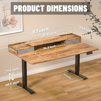 63 x 30 Inch Standing Desk with 2 Drawers, Adjustable Height Widened Stand Up Desk with Storage, Sit to Stand Ergonomic Workstation for Home Office, Light Rustic