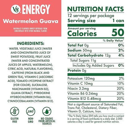 V8 Energy Watermelon Guava Energy Drink, 8 fl oz Can (12 Pack)