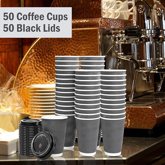 Lamosi 500 Pack - 16 oz Insulated Disposable Coffee Cups with Lids, To Go Paper Coffee Cups with Lids, Corrugated Ripple Wall Cup for Hot Drink Office Coffee Bar (Grey)