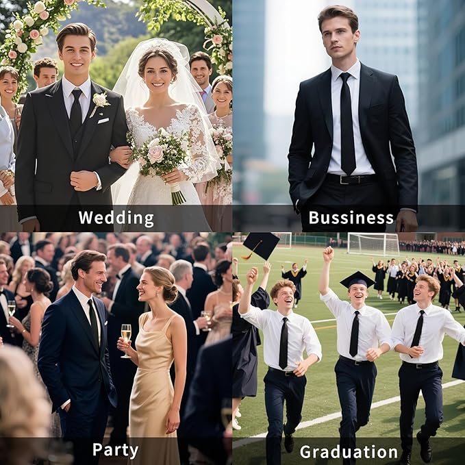 HISDERN Mens Solid Color Ties Formal Satin Necktie and Pocket Square Set Classic Wedding Business Tie & Handkerchief