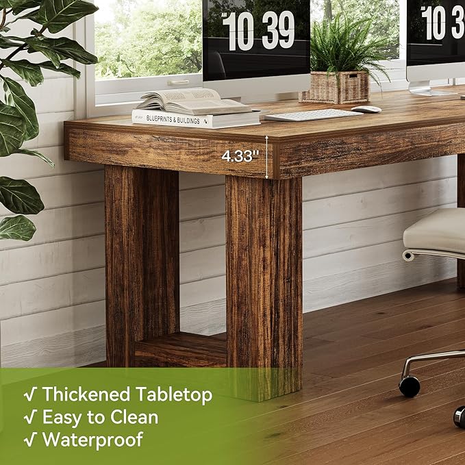 LITTLE TREE Two Person Desk, 86.6 Inches Extra Long Computer Desk, Double Computer Writing Table for 2 People, Wooden Large Desks Business Workstation for Home Office, Rustic Brown