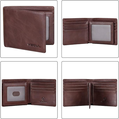VISOUL Mens Bifold Leather RFID Blocking Wallet with 2 ID Windows, Soft Genuine Leather Card Holder Wallet with 2 Cash Compartments for Men (Coffee)