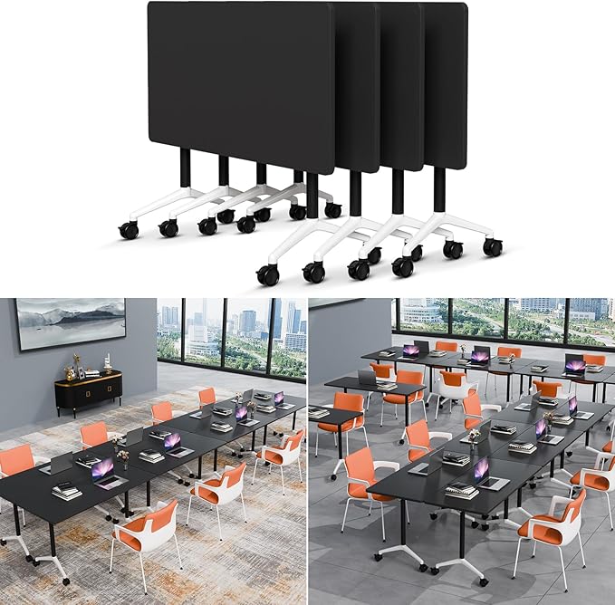 Folding Conference Table Modern Large Mobile Meeting Table Rolling Conference Room Tables with Wheels Seminar Tables for Office Training Classroom (4, Black, 70.9" D X 23.6" W X 29.5" H)