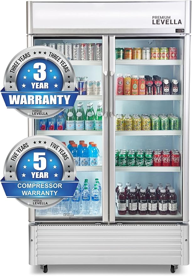 PremiumLevella PRN290DX Glass Door Display Refrigerator 29 cu ft Commercial Beverage Cooler Merchandiser With Customizable Lightbox - Silver