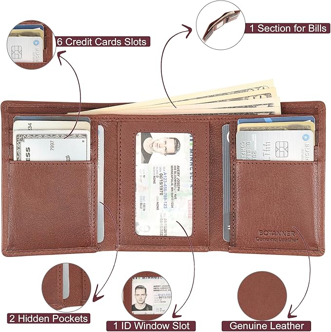 Genuine Leather Mens Trifold Wallet RFID Blocking 6 Credit Card Slots 1 ID Window 1 Section for Bills 2 Hidden Pockets- Choco