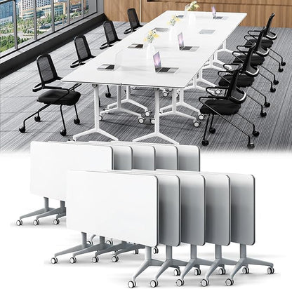 Conference Table,Folding Conference Table with Silent Wheels,Rectangular Business Conference Room Table,for Reception Offices Classrooms Meeting Training Room (10, White, 47.2in)