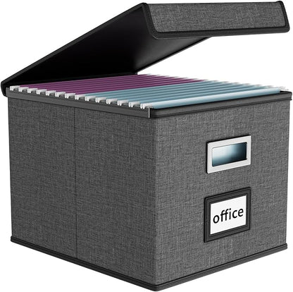 Collapsible File Storage Organizer Boxes with Lids, Linen Office Document Storage Box, Filing Box, Decorative Small File Box for Hanging File, Single File Box with Plastic Slide for Office/Decor/Home