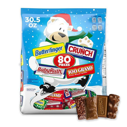 Butterfinger, CRUNCH, Baby Ruth, 100 Grand Assorted Fun-Size Bars, Individually Wrapped Holiday Candy, 80 Count, 30.5 oz