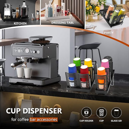 Paper Cup and Lid Holder, Disposable Coffee Cup Dispenser, 3-Slot Upright Paper Cup Dispenser for Coffee Stations, Kitchens, Bars, Restaurants, Lounges (Black)