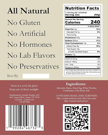 CuraBar Protein Bars – Cranberry Chia, 17g Protein, Low Carb, Gluten Free, Dairy Free, Healthy Snack, Seed Oil Free, No Artificial Ingredients, 12 Count