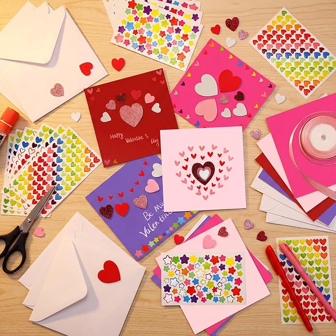 Zonon 16 Pack Valentines Crafts DIY Card Valentines's Day Kits Foam Heart Sticker Craft DIY Kits Envelopes Cards Set for Exchange Gifts (Bright Color)