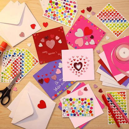 Zonon 16 Pack Valentines Crafts DIY Card Valentines's Day Kits Foam Heart Sticker Craft DIY Kits Envelopes Cards Set for Exchange Gifts (Bright Color)