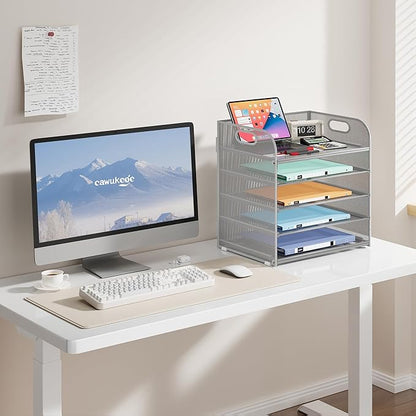 5 Tier Paper Organizer with Handle, Metal Mesh Desk Organizer File Folder Paper Letter Tray Desktop Document Sorter for Classroom, School, Office Accessories Organization and Storage - Silver