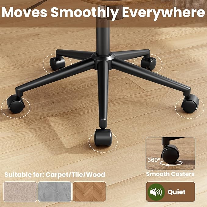 Armless Office Chair, Mid Century Modern Desk Chair with Walnut Wood Back & SGS Level 3 Gas Lift, Swivel PU Leather Computer Chair for Small Space, Home Office, Bedroom, 300lbs Cap, Beige