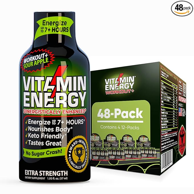 Vitamin Energy Workout+ Extra Strength Energy Shot Sour Apple 48 Pack, 260mg Natural Caffeine, Pre-Workout, B-Vitamins, Minerals, Endurance & Performance, Zero Sugar, Gluten-Free, Vegan, 1.93 fl oz