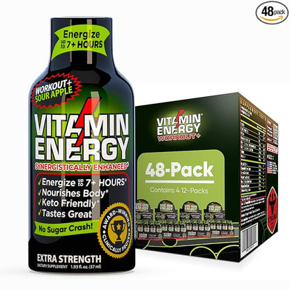 Vitamin Energy Workout+ Extra Strength Energy Shot Sour Apple 48 Pack, 260mg Natural Caffeine, Pre-Workout, B-Vitamins, Minerals, Endurance & Performance, Zero Sugar, Gluten-Free, Vegan, 1.93 fl oz