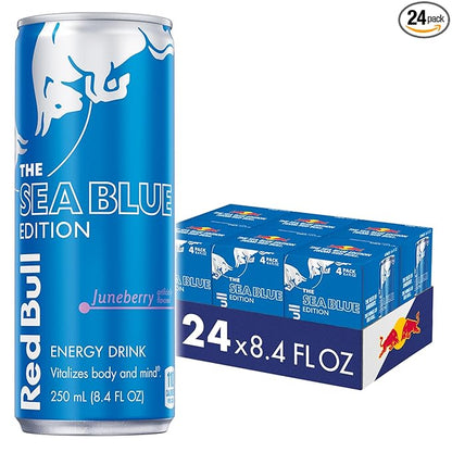 Red Bull Sea Blue Edition Energy Drink, Juneberry, with 80mg Caffeine plus Taurine & B Vitamins, 8.4 Fl Oz, Pack of 24 Cans (6 Packs of 4)