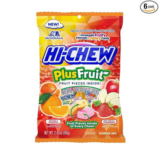 HI-CHEW Plus Fruit Mix, 6 Bags, 2.82oz each - Orange Tangerine Red Apple Strawberry, Unique Fun Soft & Chewy Candy - Immensely Juicy Fruity Candy Flavors, Individually Wrapped for Sharing