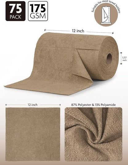 Fantasticlean Microfiber Cleaning Cloth Roll -75 Pack, Tear Away Microfiber Towels, 12" x 12", Reusable, Washable, Scratch Free, Ultra Absorbent for Car, Home Supplies (TAN)