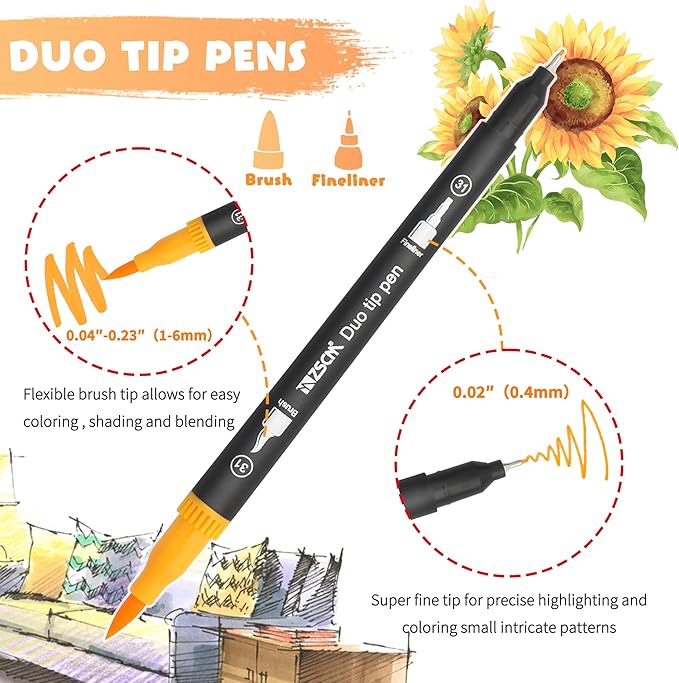 ZSCM 60 Colors Markers for Adult Coloring Books No Bleeding - Duo Tip Brush Pen, Artist Fine & Brush Coloring Markers for Adult Calligraphy, Drawing, Sketching & Journaling