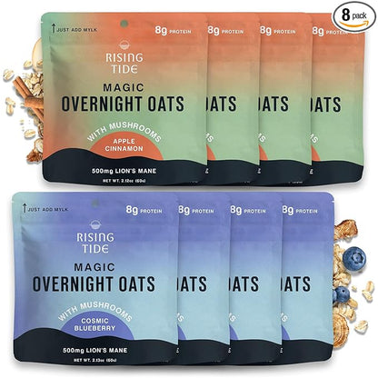 Mushroom Overnight Oats Variety Pack (8 Pack) – Superfood Lions Mane Mushroom, Chia & Flax Seed - Organic Protein Oatmeal - High Fiber, Vegan, Gluten Free, Low Sugar - Easy Prep Plant Protein - Apple Cinnamon & Blueberry