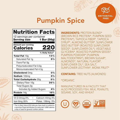 ALOHA Organic Plant Based Protein Bars - Pumpkin Spice, Vegan, Low Sugar, Gluten-Free, Low Carb, Non-GMO, No Stevia, No Erythritol - LIMITED EDITION, 12 Count (Pack of 1)