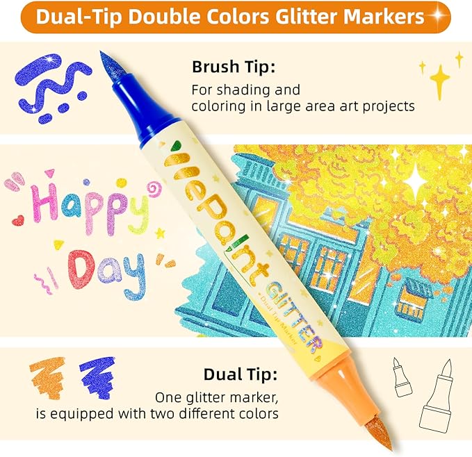 WePaint Glitter Marker Pens Dual Tip, 12 Shimmer Markers 24 Glitter Colors Metallic Marker with Brush Tips, Water-based Ink for Kids Adults DIY Crafts, Card Making, Scrapbooking, Kids School Supplies