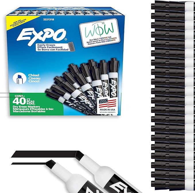 EXPO Dry Erase Markers, Low Odor Ink, Black, Chisel Tip, 40 Count - Whiteboard, Calendar, Organization, Essential Supplies for Office, School, Classroom, Teachers