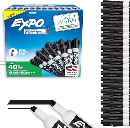 EXPO Dry Erase Markers, Low Odor Ink, Black, Chisel Tip, 40 Count - Whiteboard, Calendar, Organization, Essential Supplies for Office, School, Classroom, Teachers