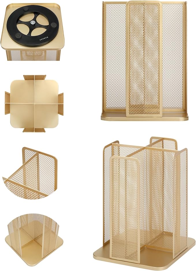 Annova Paper/Plastic Cup and Lid Holder Plastic Storage Organizer, 360°Rotating Coffee Mup Dispenser with 4 Compartments, Multifunctional Storage Rack for Home, Office, Bar, Coffee Shop (Gold)