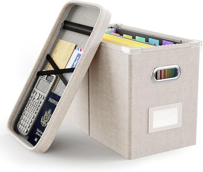 Oterri File Organizer Box with Lid, Hanging Filing File Box with Mesh Pocket, Document Organizer Box for Letter Files, Portable Storage Box with Smooth Sliding Rail for Office&Home (1 PCS, Beige)