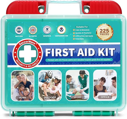 225 Pieces Portable First Aid Kit for Minor Wound Care, Includes Adhesive Bandages, Wound Gauze Pads, Ideal for Home, Car & On-The-Go