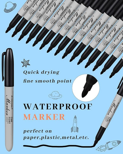 Thenshop 100 Pack Black Permanent Markers Bulk Fine Tip Permanent Marker Set Quick Drying Fine Point Pens for Classroom, Office, Home, Work on Wood, Metal, Stone, Glass, Christmas Office Gifts