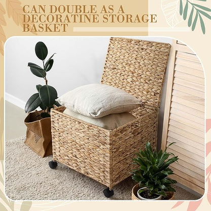 Rolling File Box Organizers, Water Hyacinth Letter/Legal Size File Organizer with Lid and Locking Wheels, Collapsible Hand Woven Hanging Filing Cabinet Box for Office/Home Decor, Natural