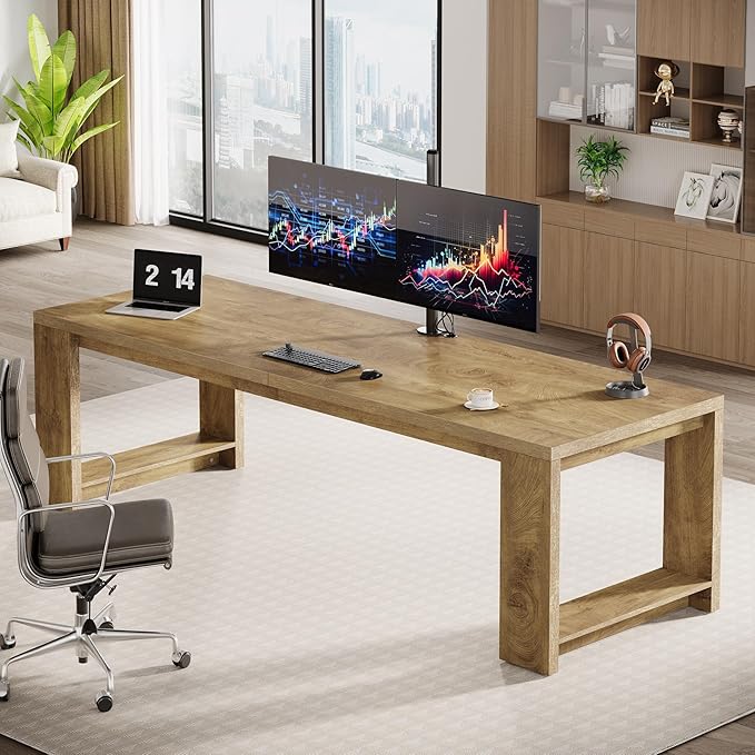 Tribesigns 2 Person Desk Set of 2, 86.6 Inches Extra Long Desk, Two People Computer Writing Table, Long Wood Office Desks Workstation for Home Office, Natural Oak