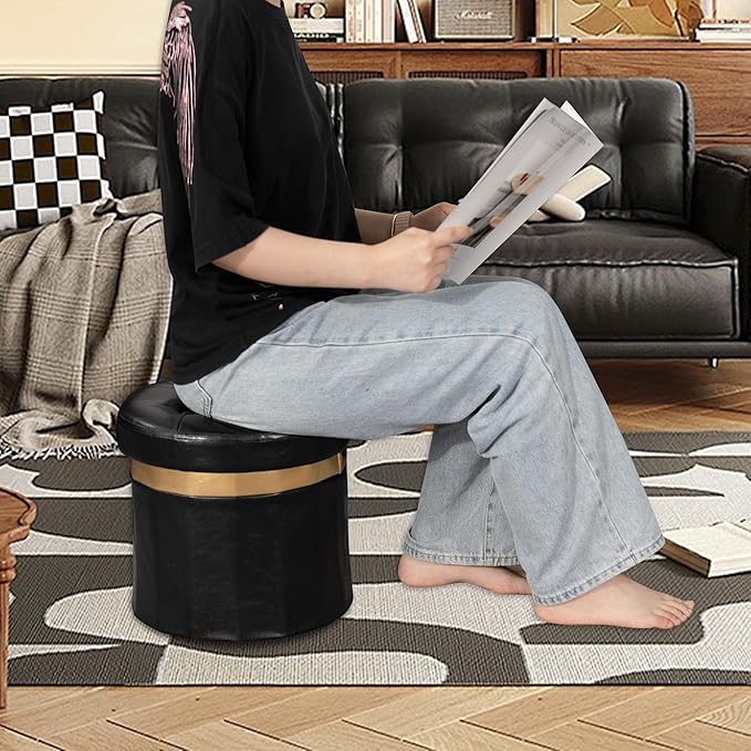 Small Ottoman with Storage,Folding Round Ottoman with Gold Trim,Velvet Storage Stool,Foot Stool with Soft Padded,Foot Rest for Living Room13“x13”x12.4(Publack,2pcs)