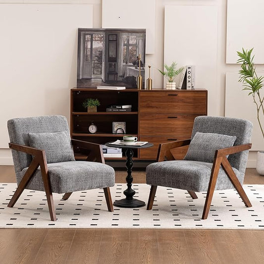Mid Century Modern Accent Chair with Solid Wood Frame，Upholstered Chenille Living Room Arm Chairs with Pillow for Bedroom, Living Room, Reading Room, Balcony (2, Grey)